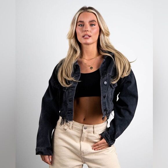 Trio Urban Lost Angeles Jean Black Jacket Cropped Cut Out Size XS - Picture 3 of 8